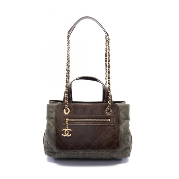 CHANEL Matelasse 2way Shoulder hand Bag canvas leather Khaki Brown Used GHW - Picture 1 of 5